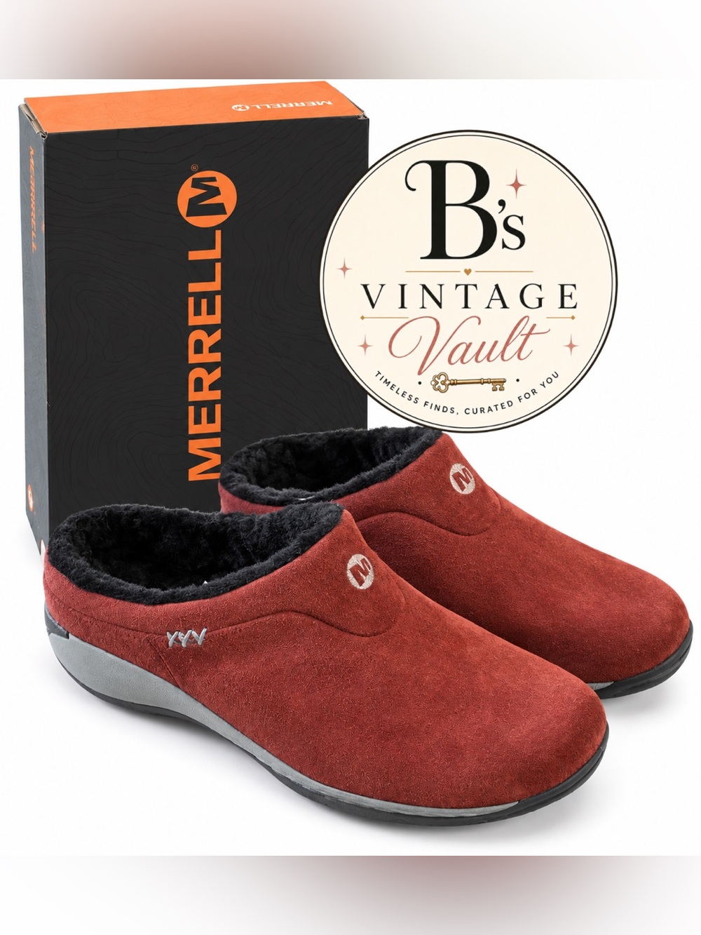 Merrell women’s Rust Red Suede Slip-On Clogs with Black Fleece Lining